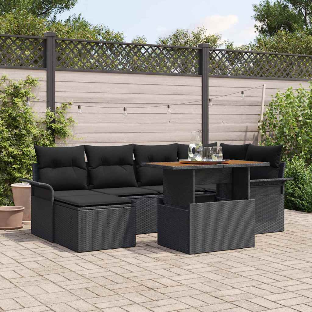 Garden Sofa Set with Cushion 7 pcs Black Poly Rattan