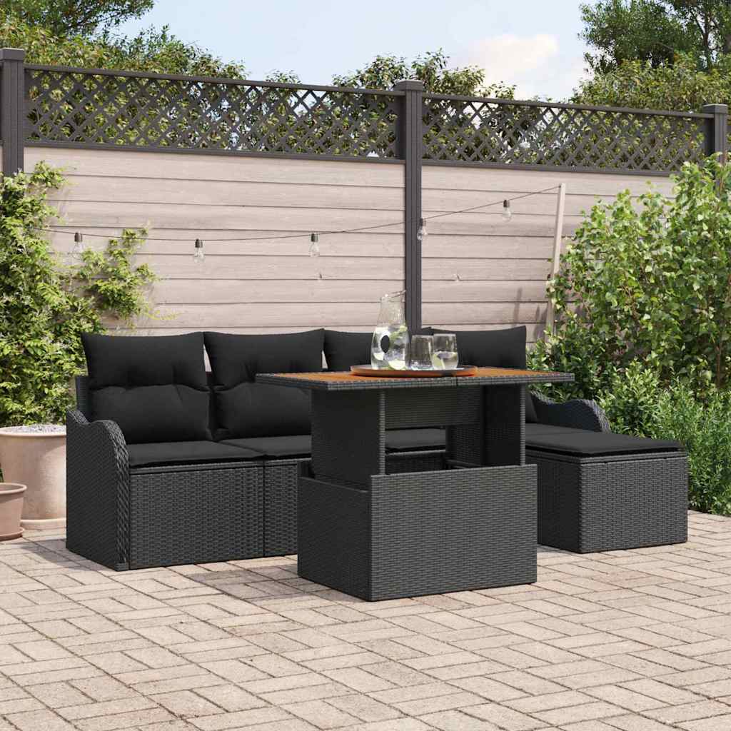 Garden Sofa Set with Cushion 6 pcs Black Poly Rattan