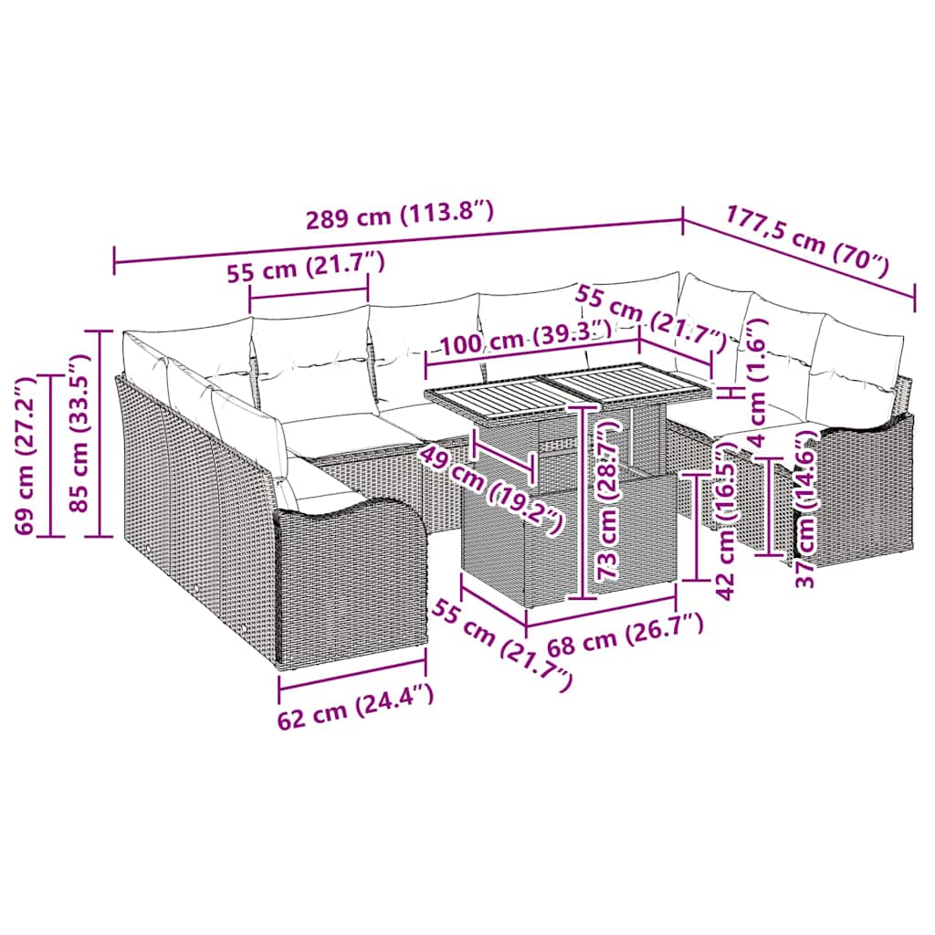 Garden Sofa Set 10 pcs Grey Poly rattan and powder-coated steel