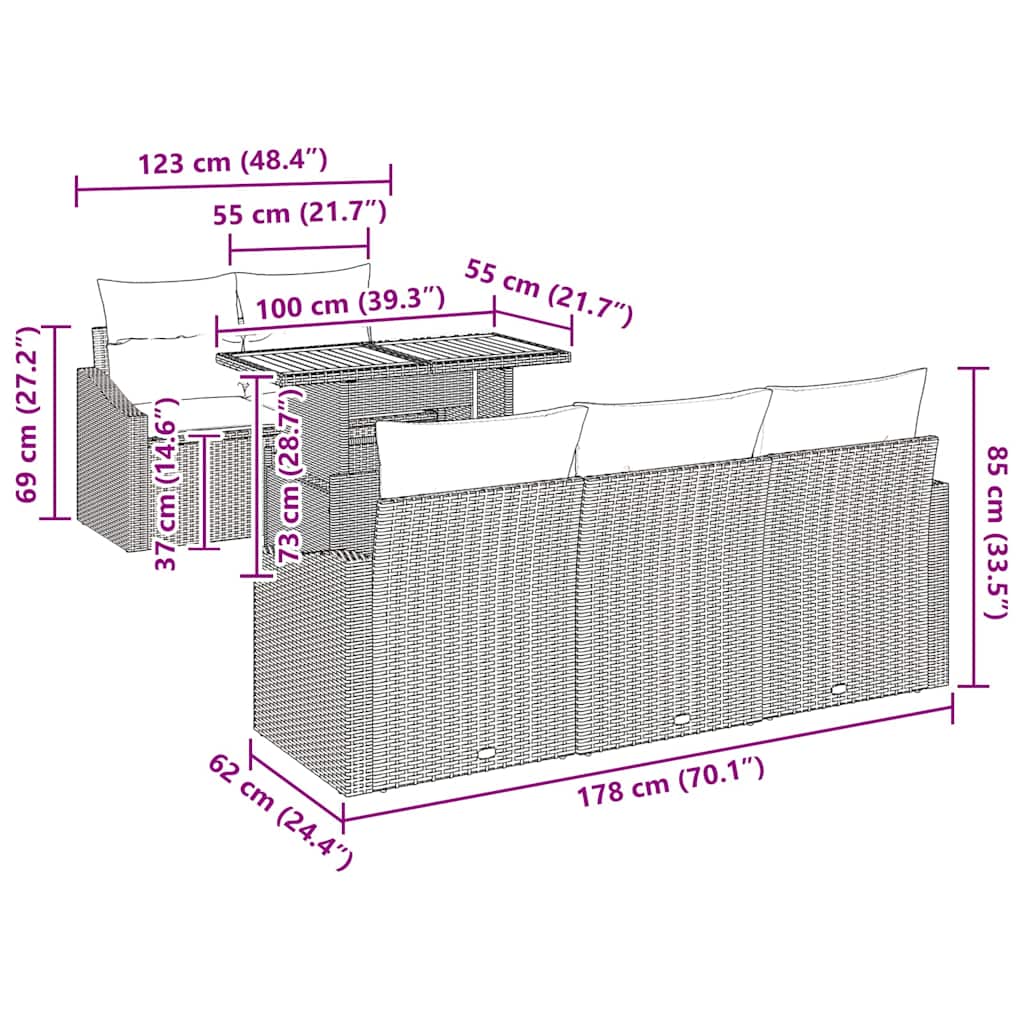 Garden Dining Set with Cushion Black and Brown 100 x 55 x 73 cm