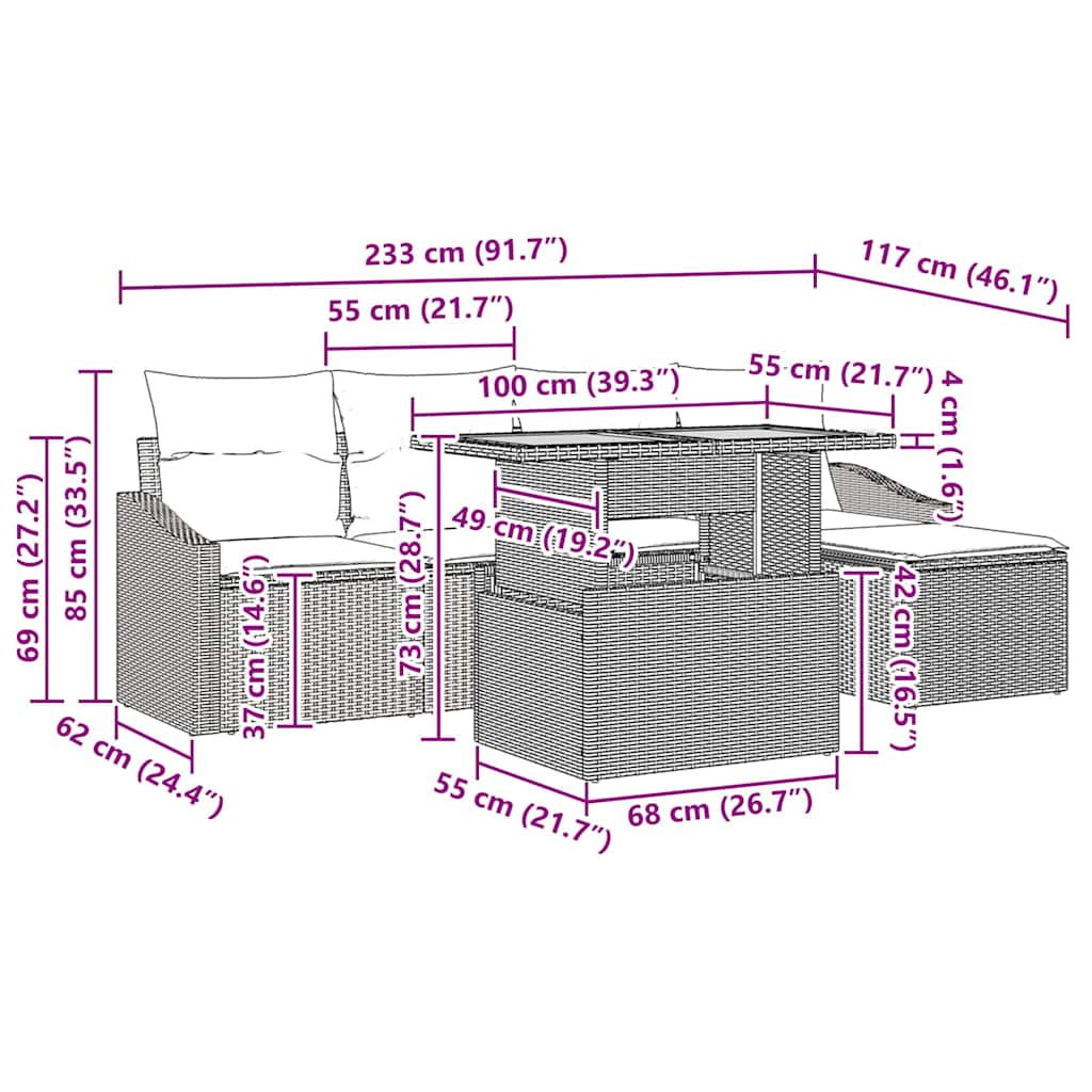 Garden Dining Set with Cushion 6 pcs Black and Brown