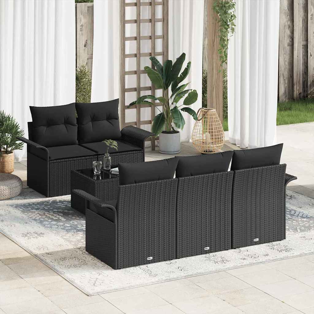 Garden Sofa Set 6 pcs Black Poly Rattan, Steel and Glass