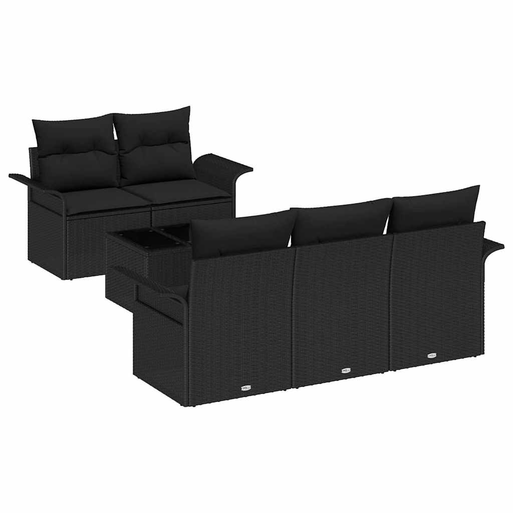 Garden Sofa Set 6 pcs Black Poly Rattan, Steel and Glass