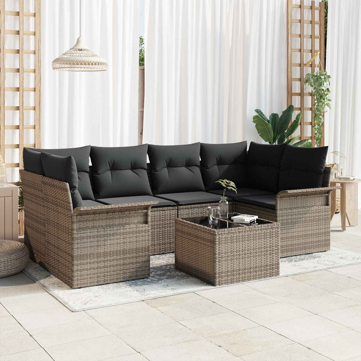 Garden Sofa Set 7 pcs 6-Seater Grey Poly Rattan