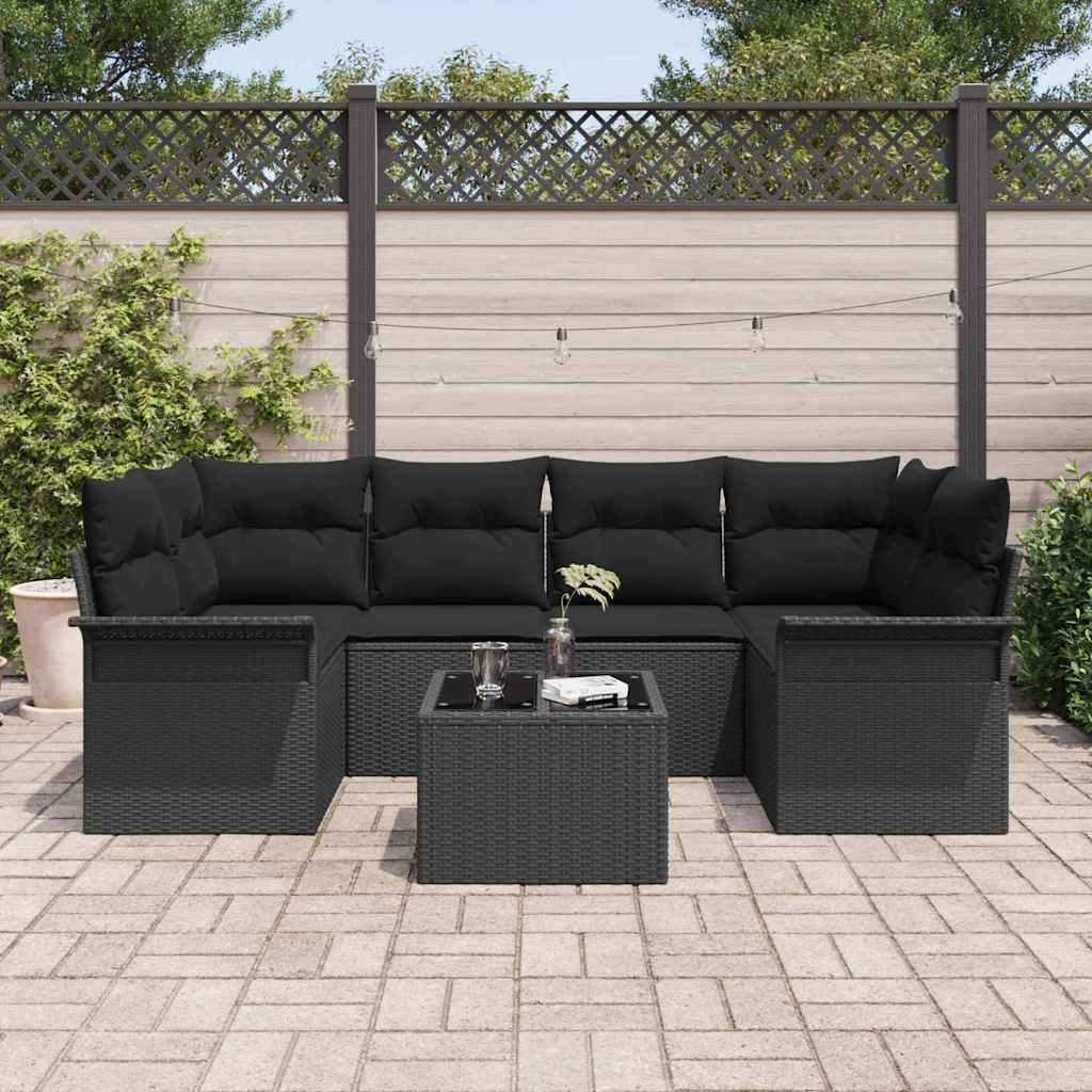 Garden Sofa Set Manual 7 pcs Black Poly Rattan, Steel and Glass