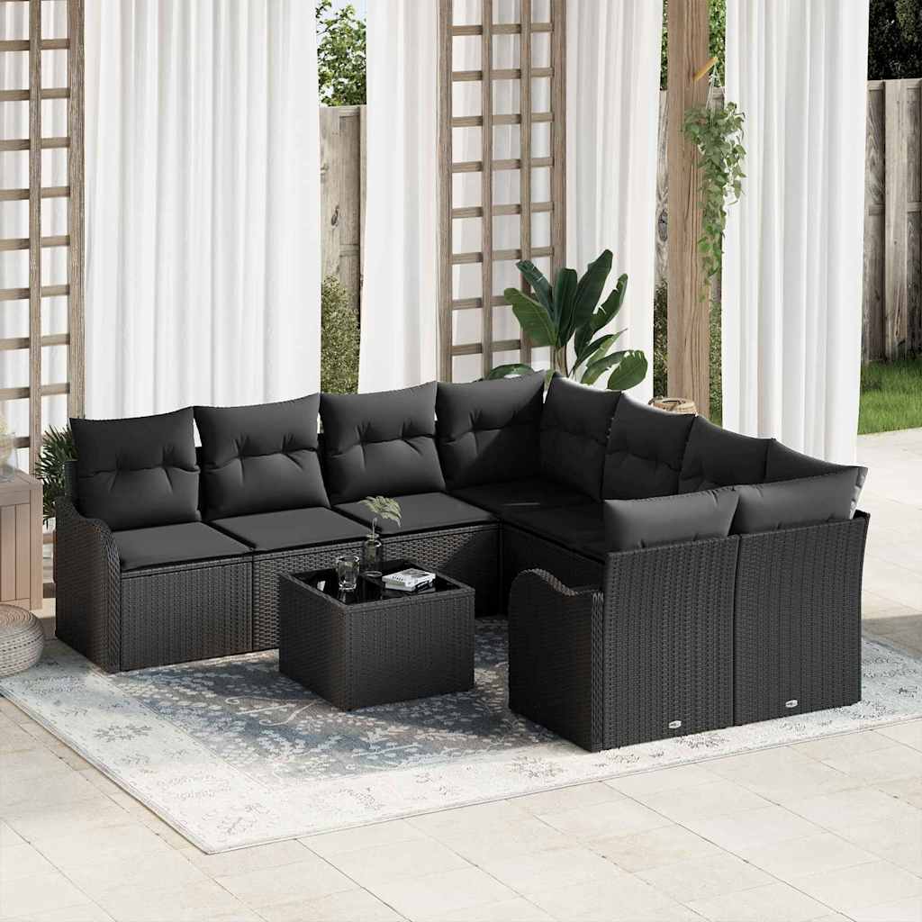 Garden Sofa Set 9 pcs Black Poly Rattan and Steel and Glass