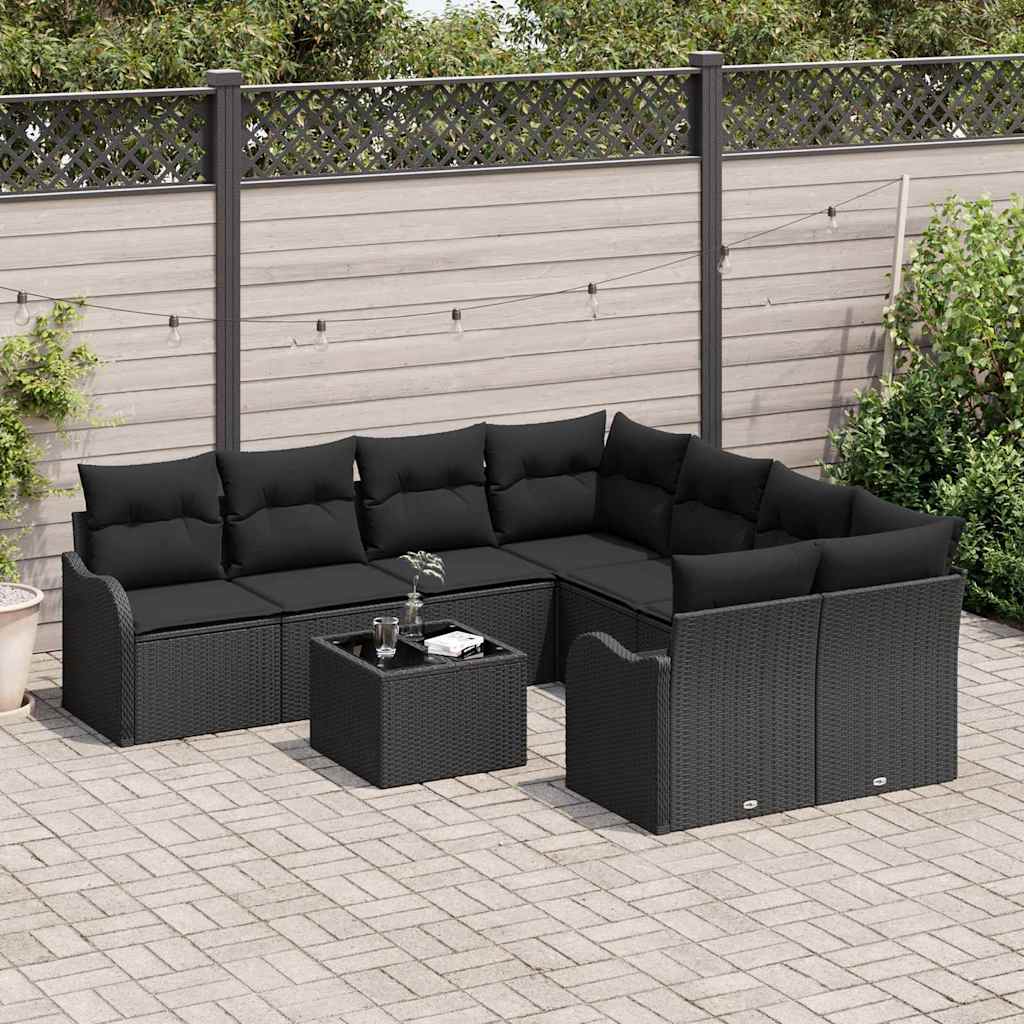 Garden Sofa Set 9 pcs Black Poly Rattan and Steel and Glass