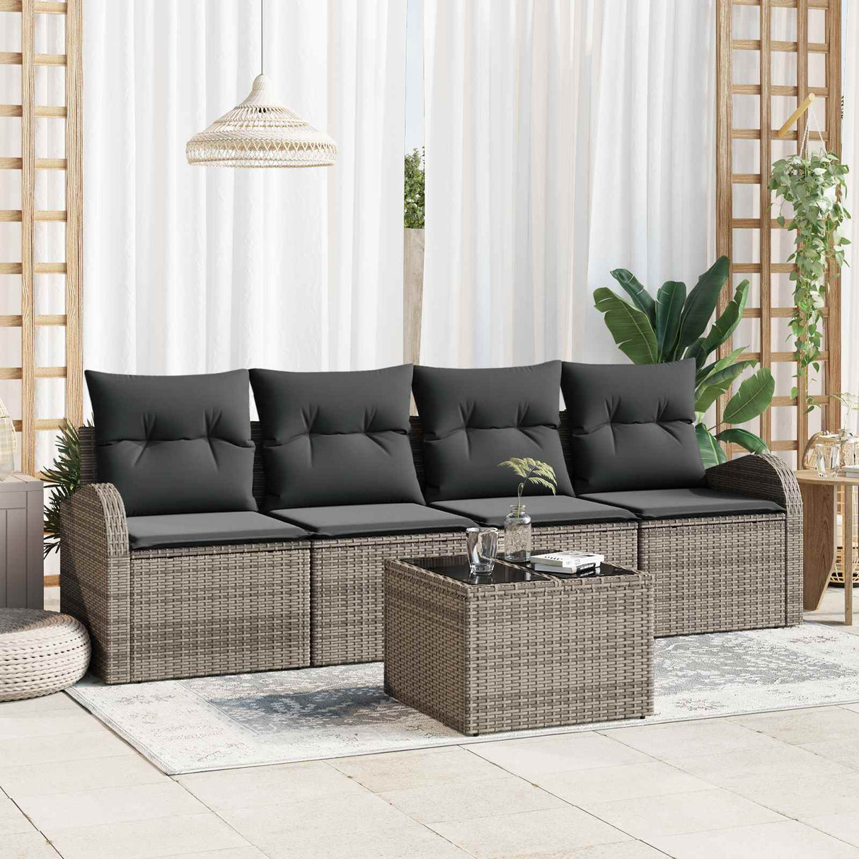 Garden Sofa Set 5 pcs 4-Seater Grey Poly Rattan
