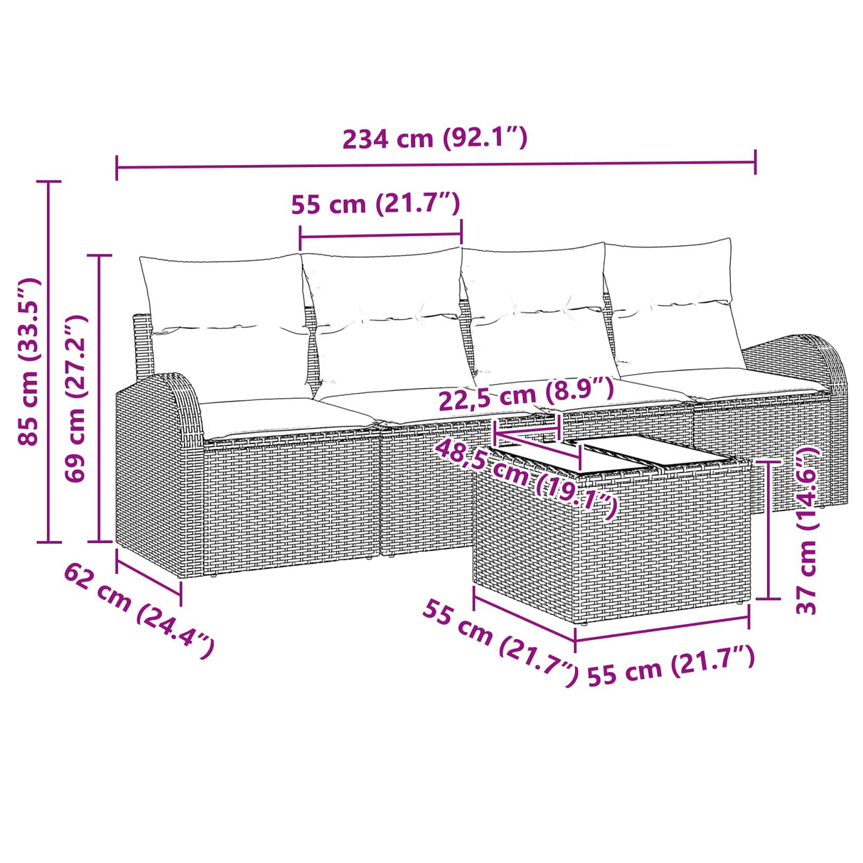 Garden Sofa Set 5 pcs 4-Seater Grey Poly Rattan