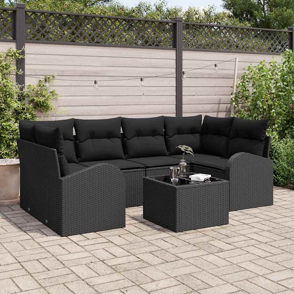 Garden Sofa Set Manual 7 pcs Black Poly Rattan, Steel and Glass