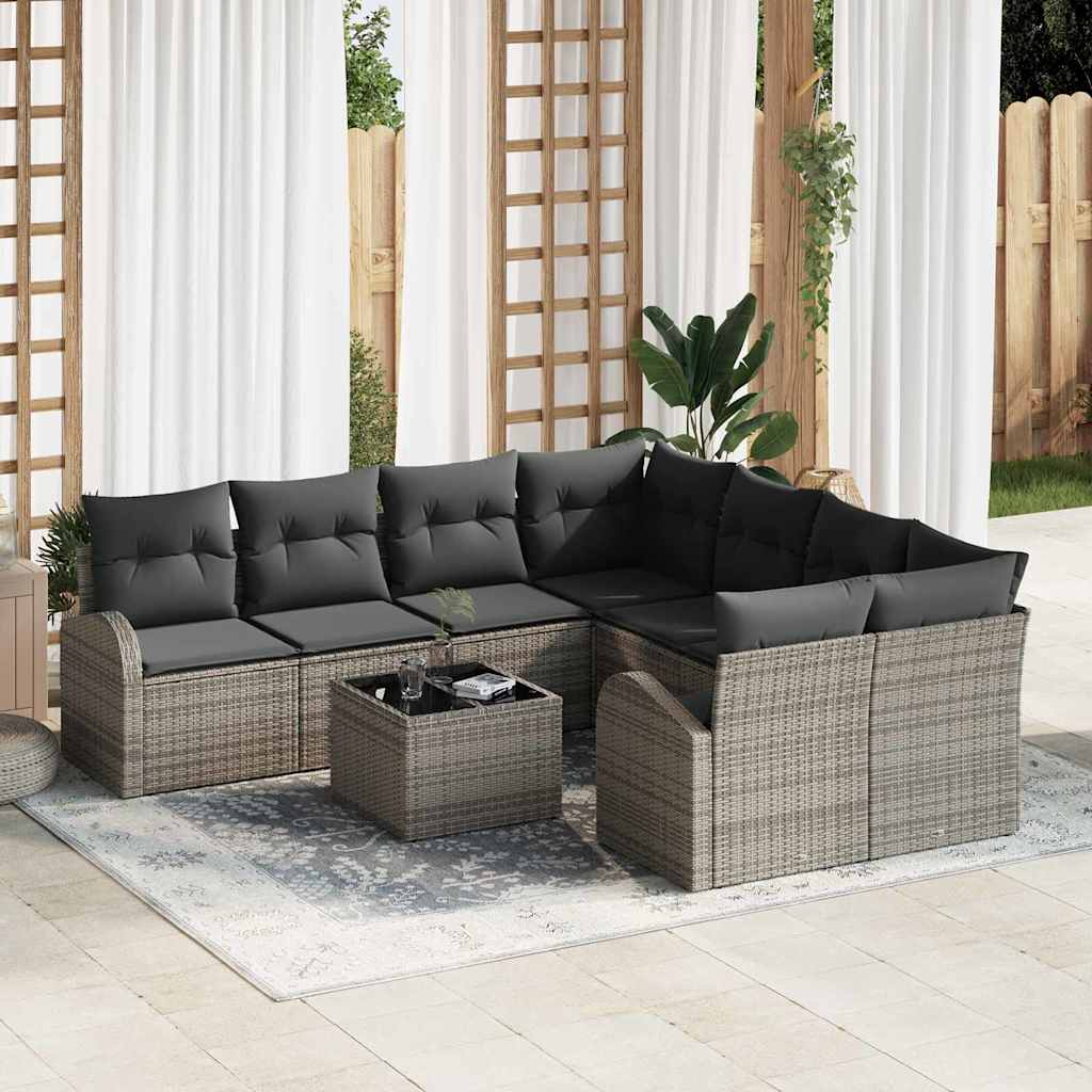Sofa Set with Cushion with Storage 9 pcs Grey Poly Rattan