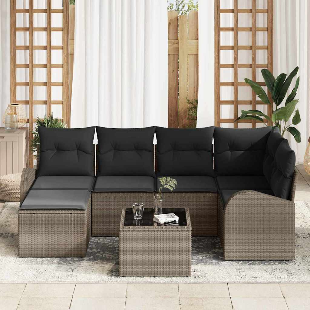 Sofa Set with Cushion with Storage 7 pcs Grey Poly Rattan