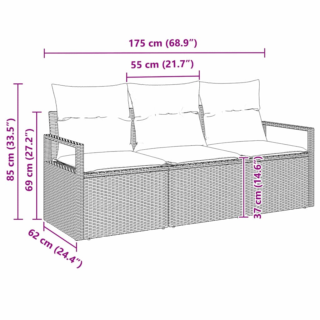 Garden Sofa Set with Cushion 3 pcs Black Poly Rattan