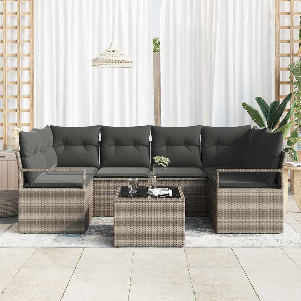 Garden Sofa Set Manual 7 pcs Grey Poly Rattan, Steel and Glass