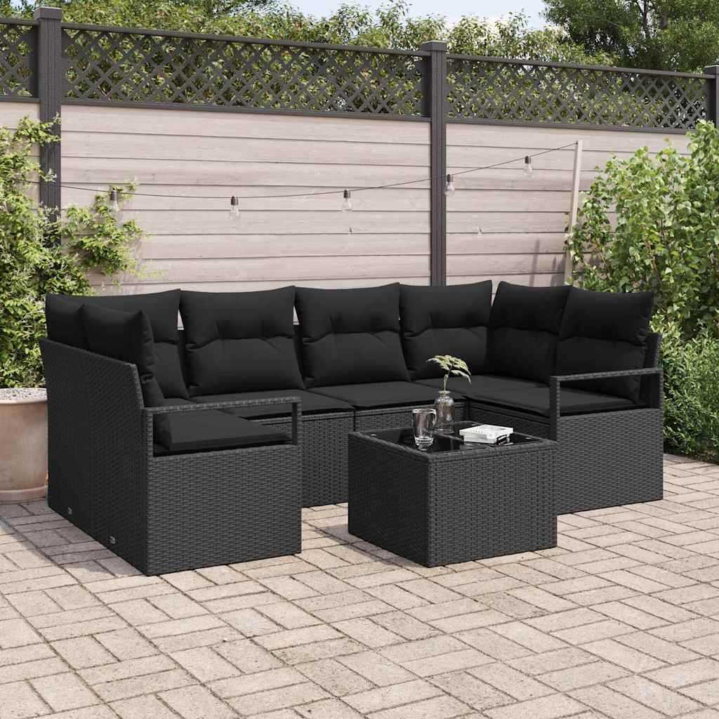 Garden Sofa Set Manual 7 pcs Black Poly Rattan, Steel and Glass