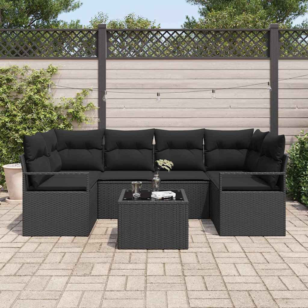 Garden Sofa Set Manual 7 pcs Black Poly Rattan, Steel and Glass