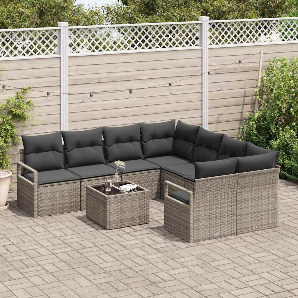 Sofa Set with Cushion with Storage 9 pcs Grey Poly Rattan