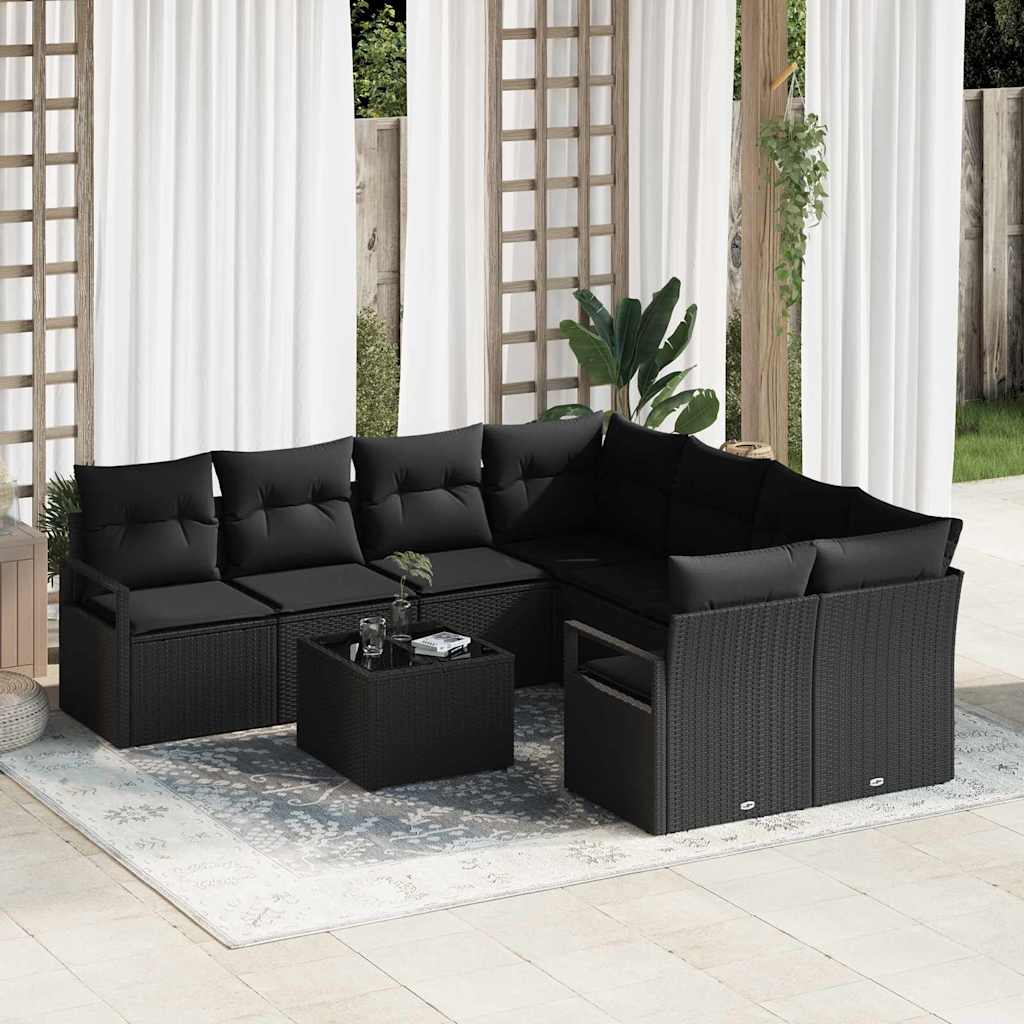 Sofa Set with Cushion with Storage 9 pcs Black Poly Rattan