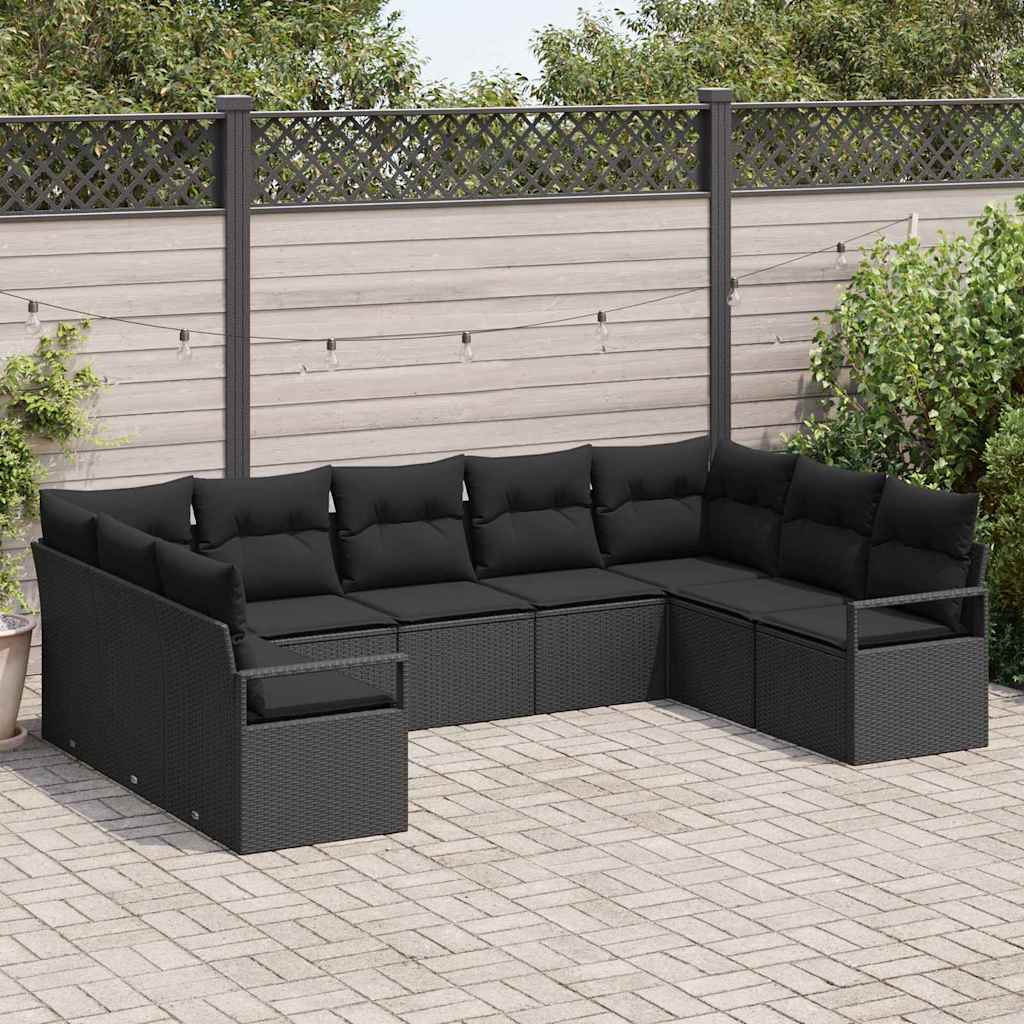 Garden Sofa Set with Cushion 9 pcs Black Poly Rattan