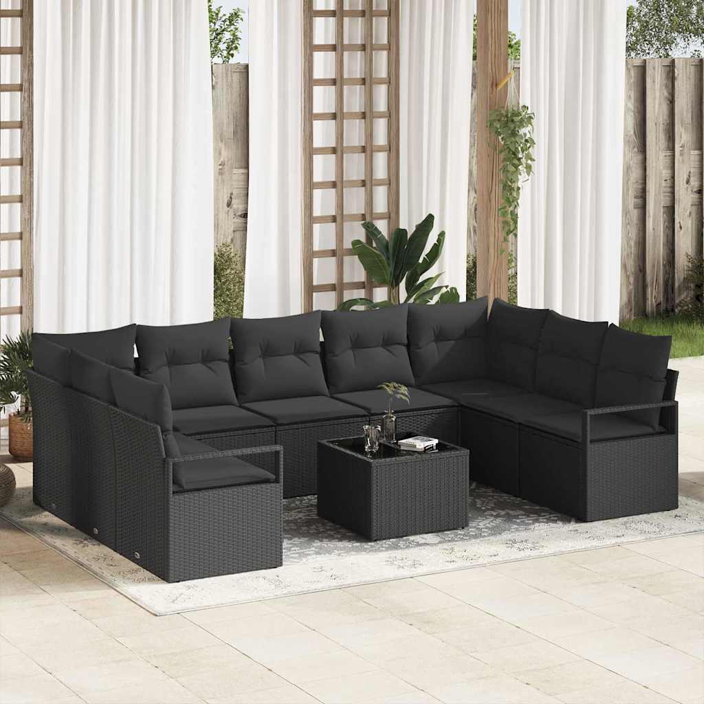 Garden Sofa Set with Cushion 10 pcs Black Poly Rattan