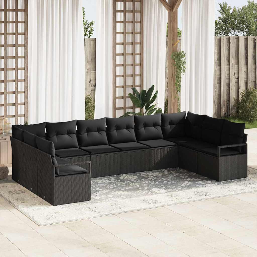 Garden Sofa Set with Cushion 10 pcs Black Poly Rattan