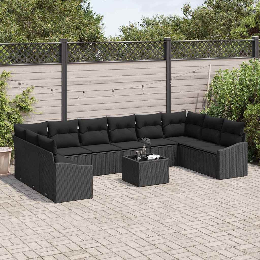 Garden Sofa Set with Cushion 11 pcs Black Poly Rattan