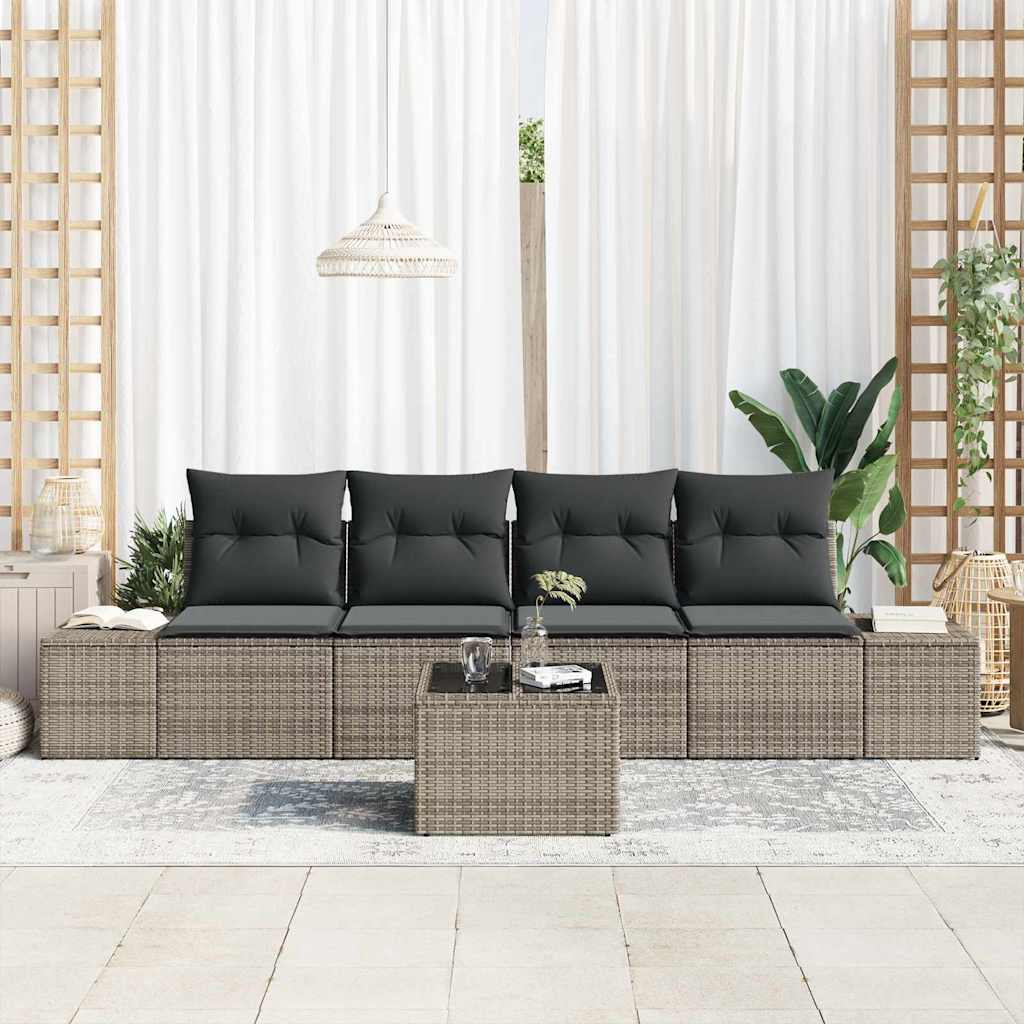 Garden Sofa Set with Cushion 5 pcs Grey Poly Rattan