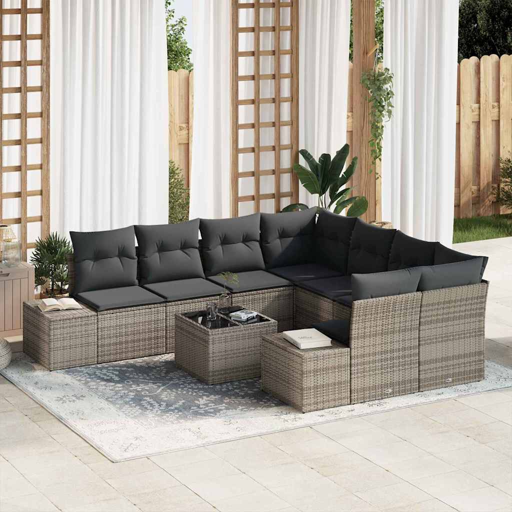 Garden Sofa Set with Cushion 9 pcs Grey Poly Rattan