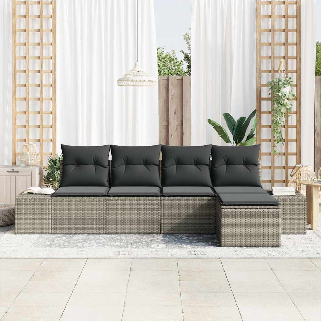 Garden Sofa Set with Cushion 5 pcs Grey Poly Rattan