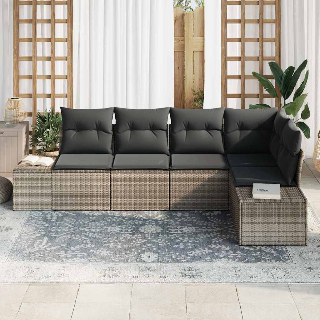 Garden Sofa Set with Cushion 5 pcs Grey Poly Rattan