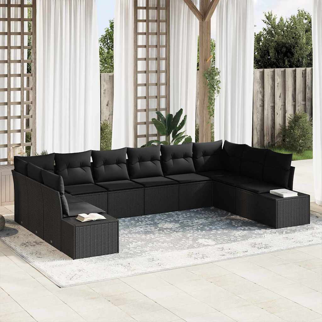 Garden Sofa Set with Cushion 10 pcs Black Poly Rattan