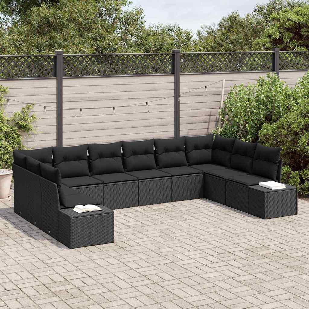 Garden Sofa Set with Cushion 10 pcs Black Poly Rattan