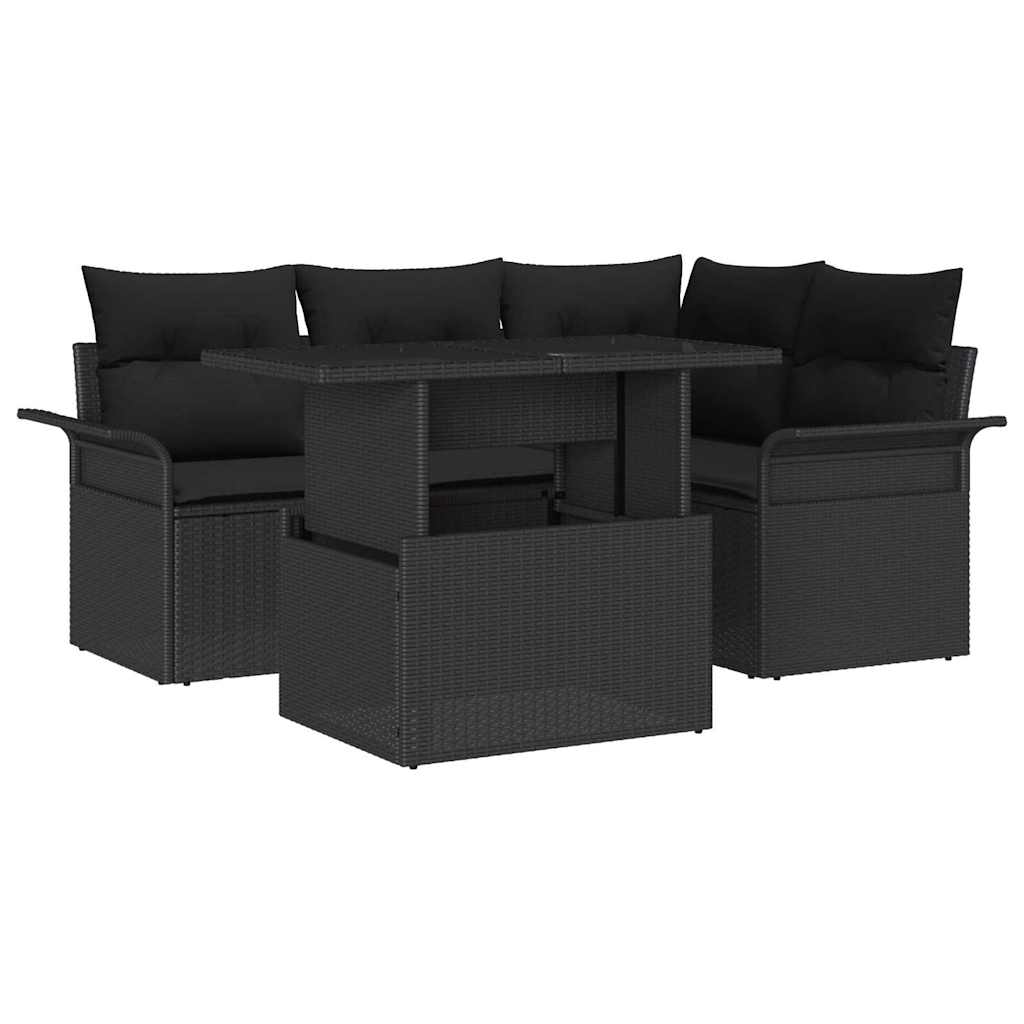 Garden Sofa Set with Cushion 5 pcs Black Poly Rattan