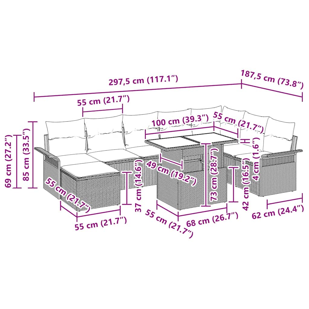 Garden Sofa Set 9 pcs Grey Poly Rattan and Powder-Coated Steel