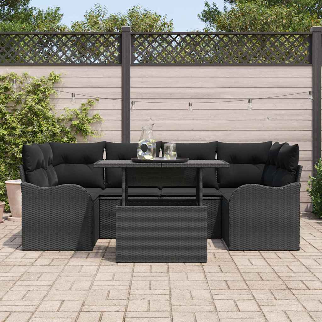 Garden Sofa Set with Cushion 7 pcs Black Poly Rattan