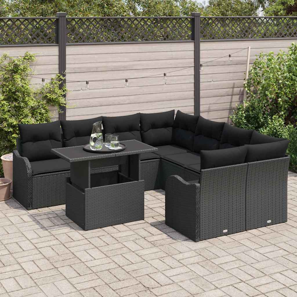 Garden Sofa Set with Cushion Manual 9 pcs Black Poly Rattan