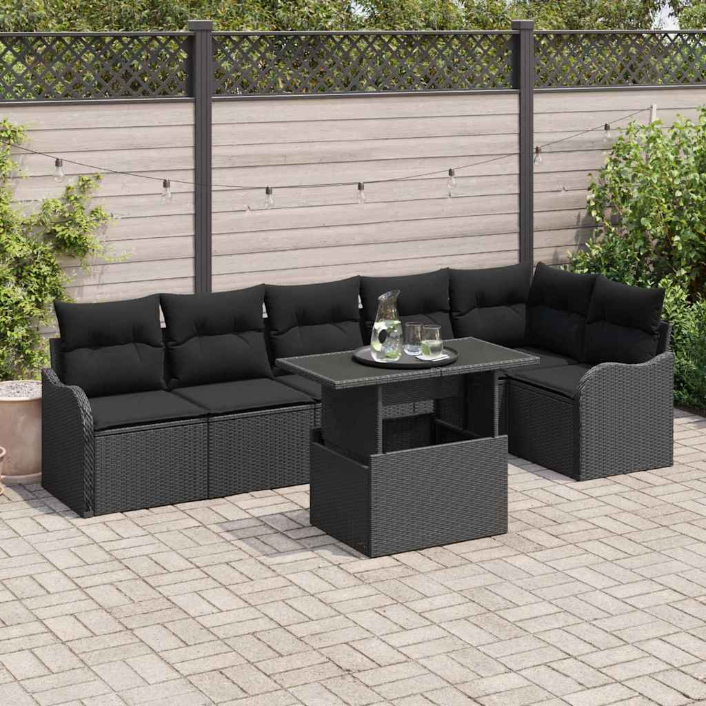 Garden Sofa Set with Cushion Manual 7 pcs Black Poly Rattan