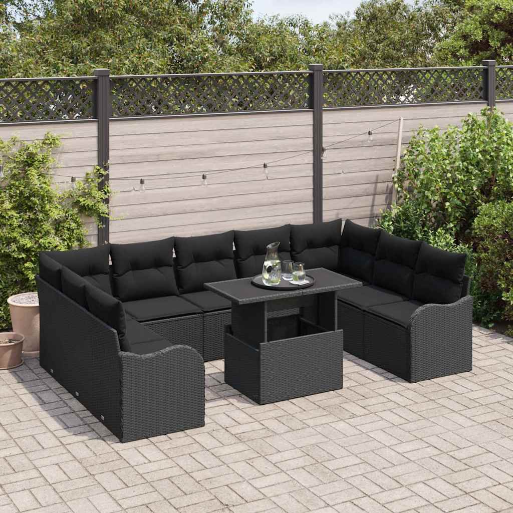 Garden Sofa Set with Cushion Manual 10 pcs Black Poly Rattan