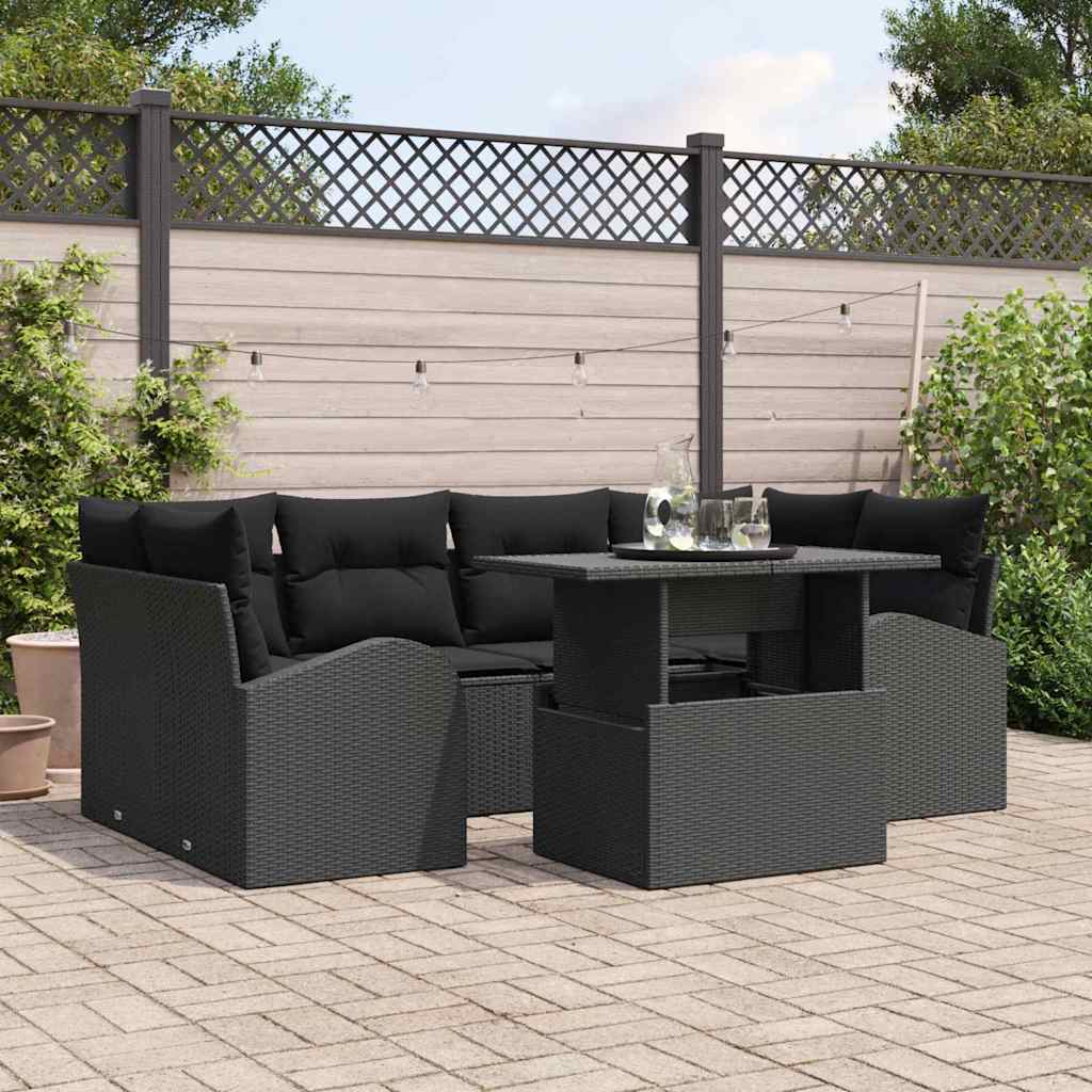Garden Sofa Set with Cushion Manual 7 pcs Black Poly Rattan