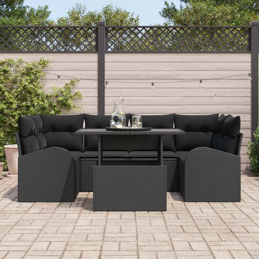 Garden Sofa Set with Cushion Manual 7 pcs Black Poly Rattan