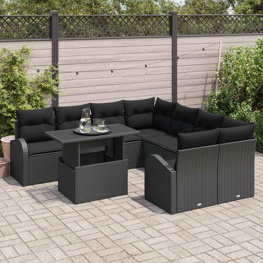 Garden Sofa Set with Cushion Manual 9 pcs Black Poly Rattan