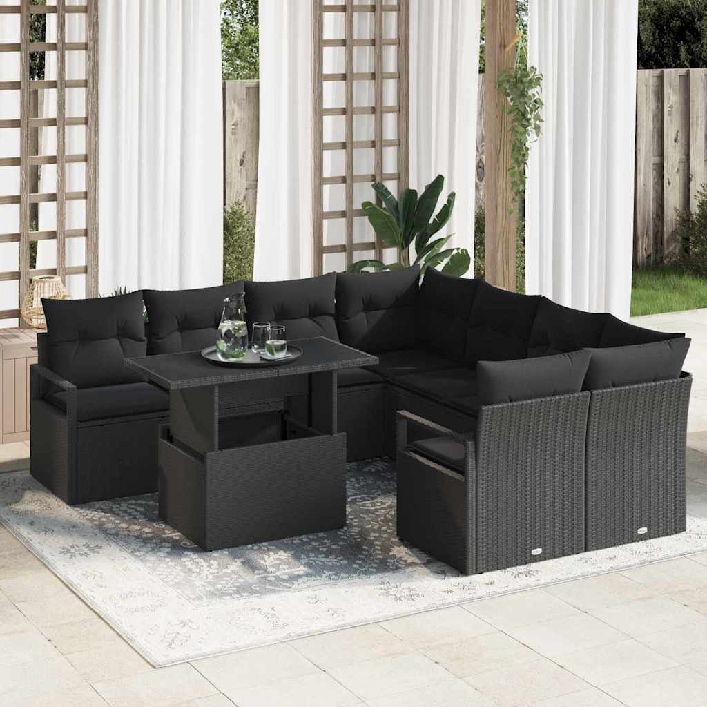 Garden Sofa Set with Cushion 9 pcs Black Poly rattan