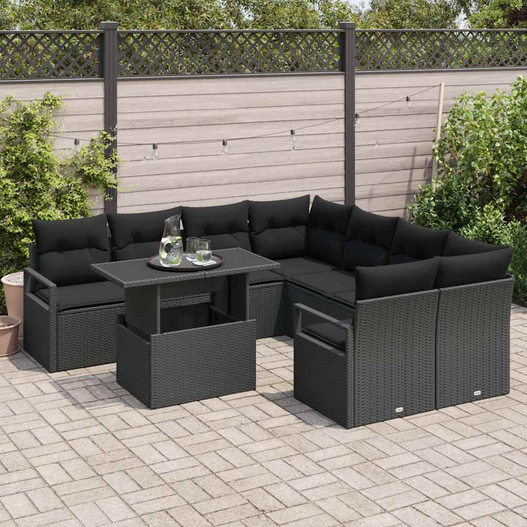 Garden Sofa Set with Cushion 9 pcs Black Poly rattan