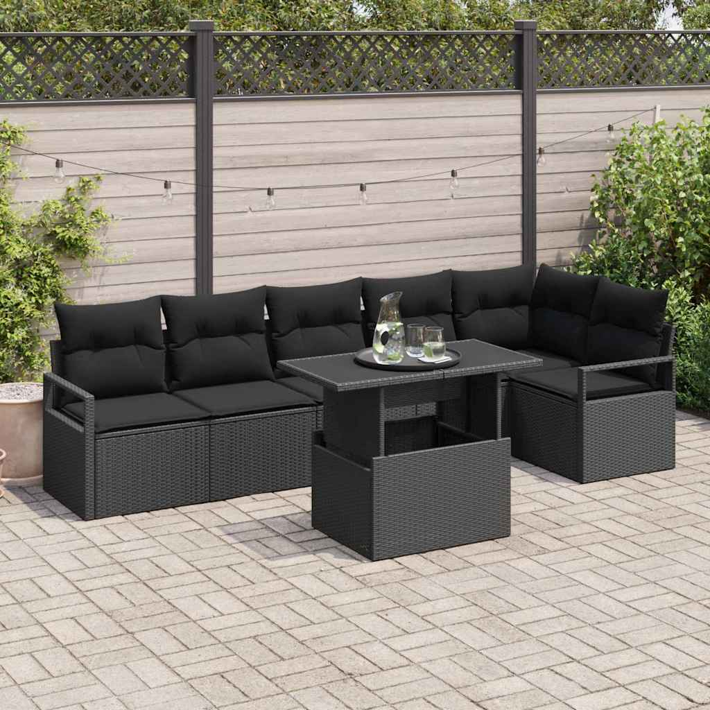 Garden Sofa Set with Cushion 7 pcs Black Poly rattan