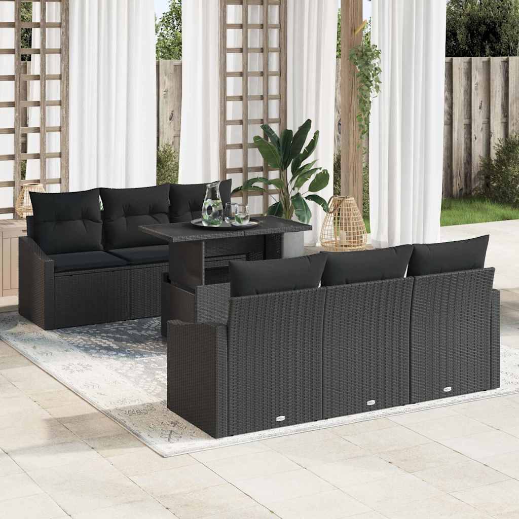 Garden Sofa Set with Cushion 7 pcs Black Poly Rattan