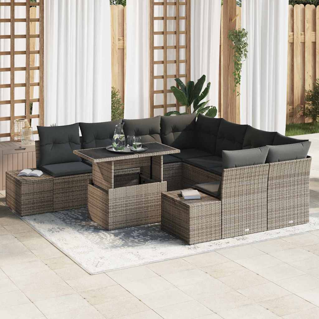 Garden Sofa Set with Cushion 9 pcs Grey Poly Rattan
