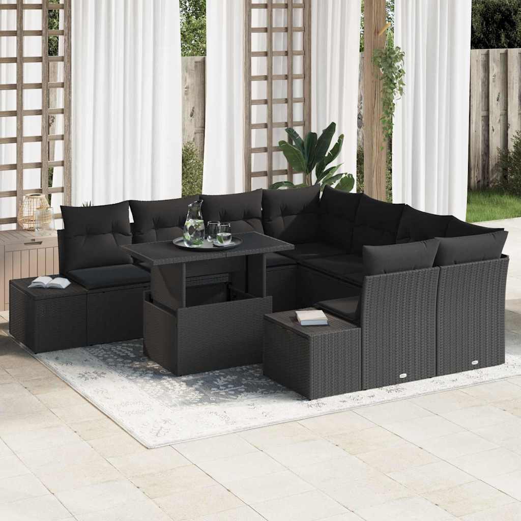 Garden Sofa Set with Cushion 9 pcs Black Poly Rattan