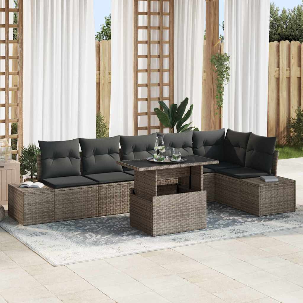 Garden Sofa Set with Cushion 7 pcs Grey Poly Rattan