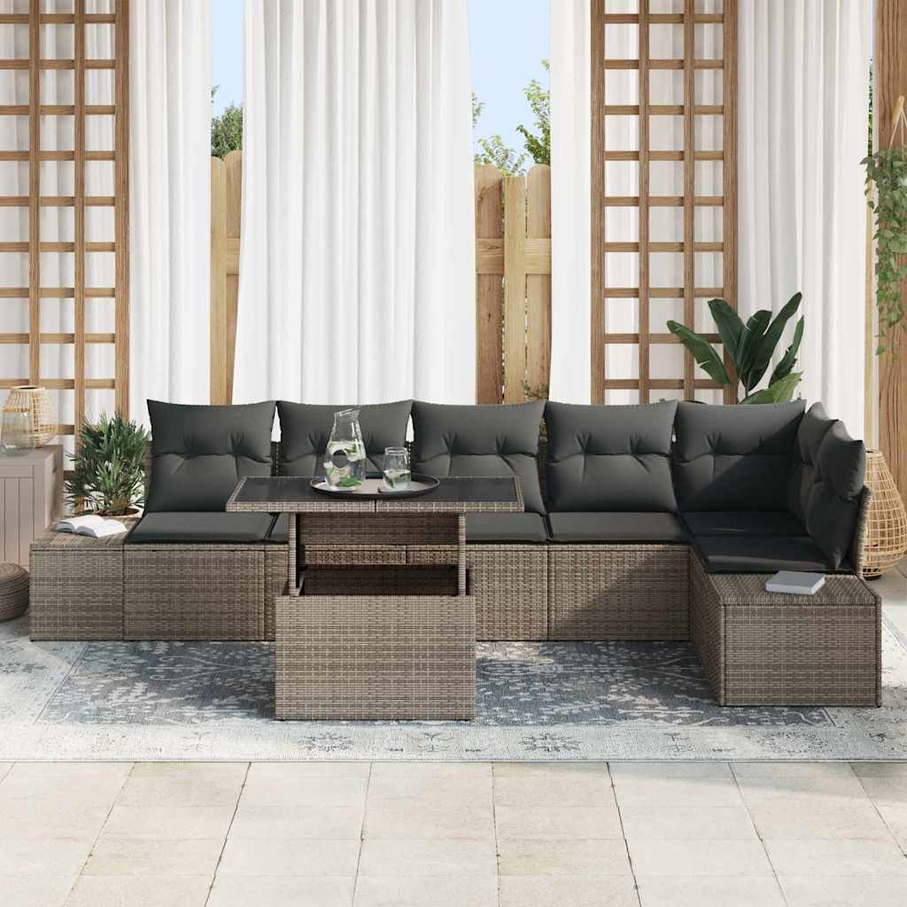 Garden Sofa Set with Cushion 7 pcs Grey Poly Rattan