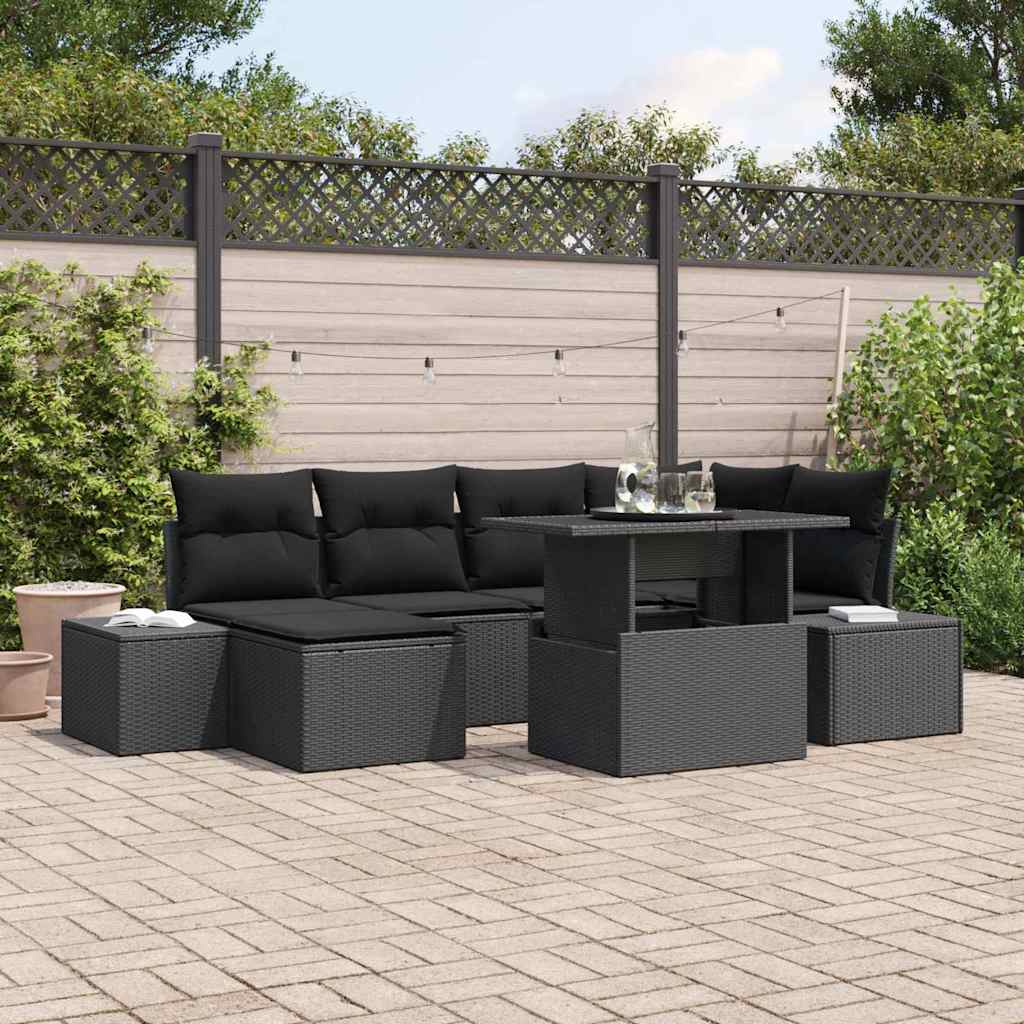 Garden Sofa Set with Cushion 7 pcs Black Poly Rattan